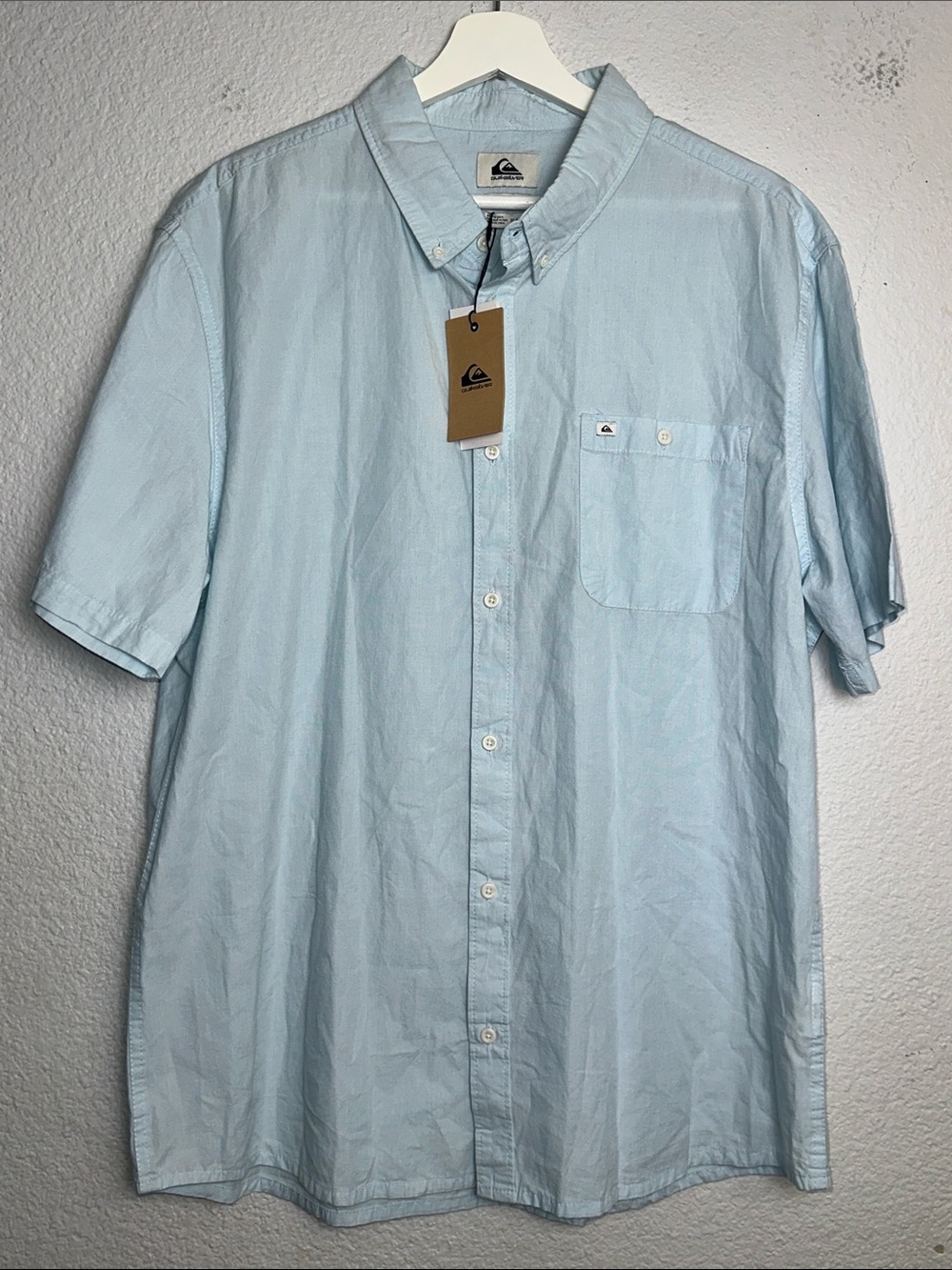 NEW Quicksilver Short Sleeve Shirt Light Blue Button Down Regular Fit XL